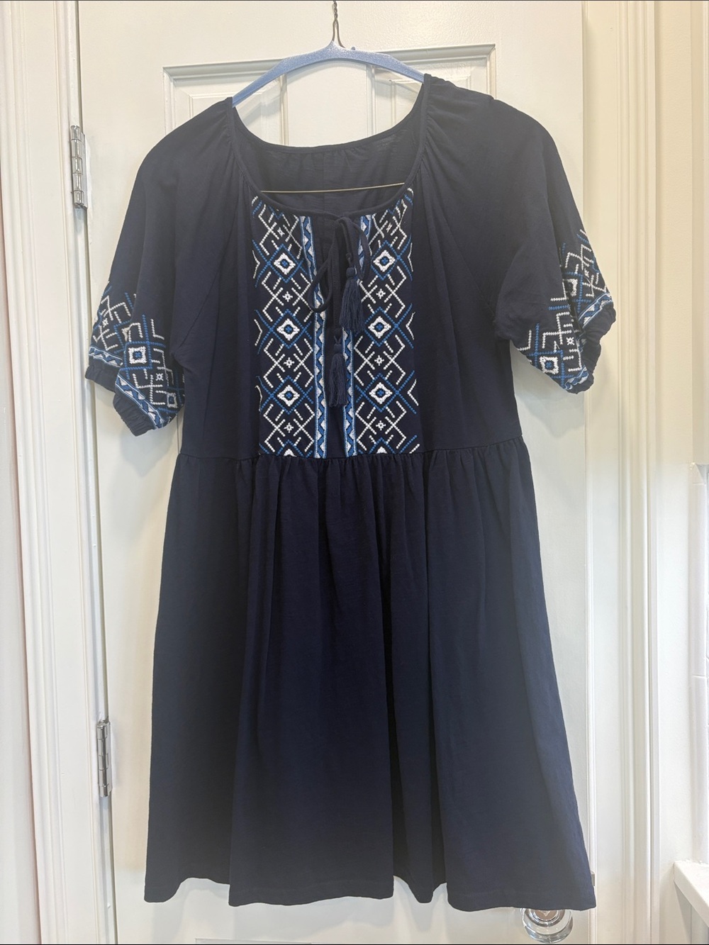 Navy Embroidered Boho Dress - Blue & White Accent